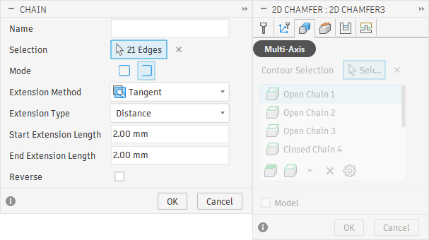 Extending the start and end of chamfers
