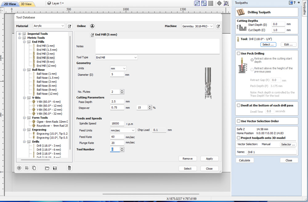 tool parameters and drilling toolpath
