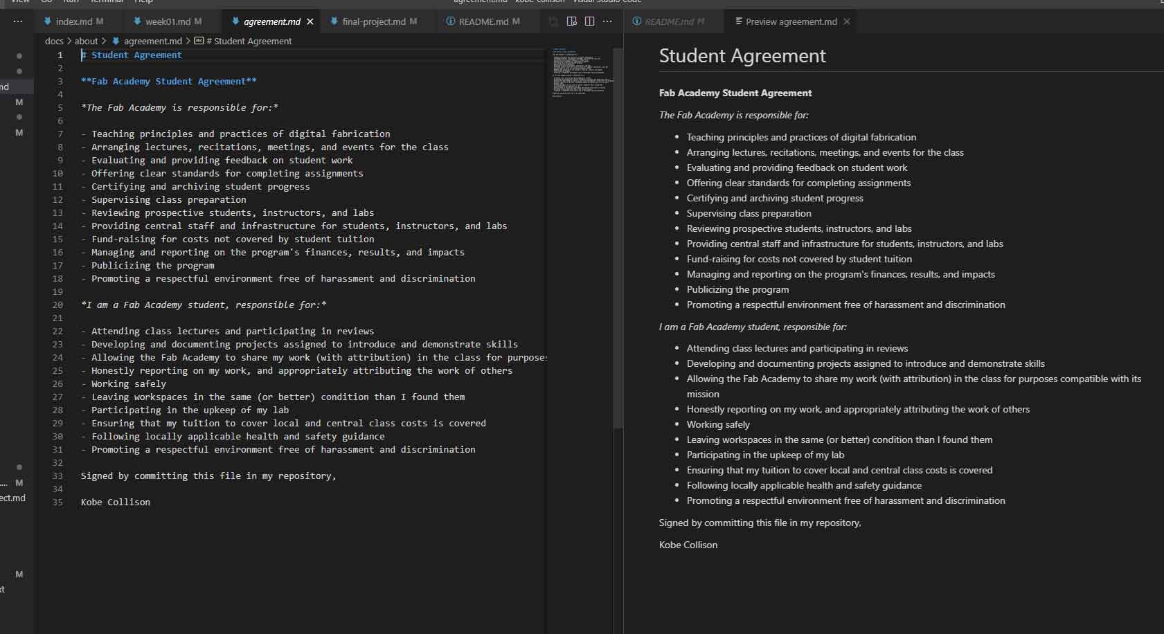 screenshot of student agreement