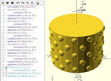 3D model of a cylindrical planter with polkadots in Open SCAD