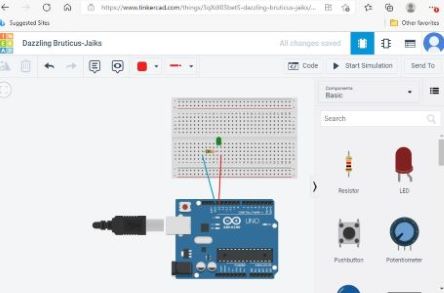 Tinkercad circuit basic example with Arduino Uno port 13