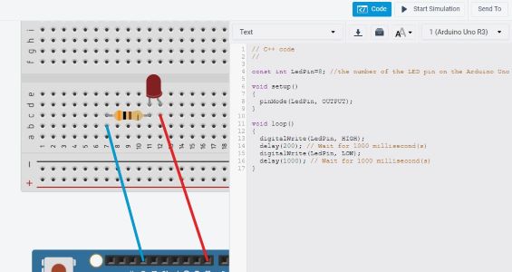 Tinkercad circuit basic example with an edit of the port and corresponding edit of the code