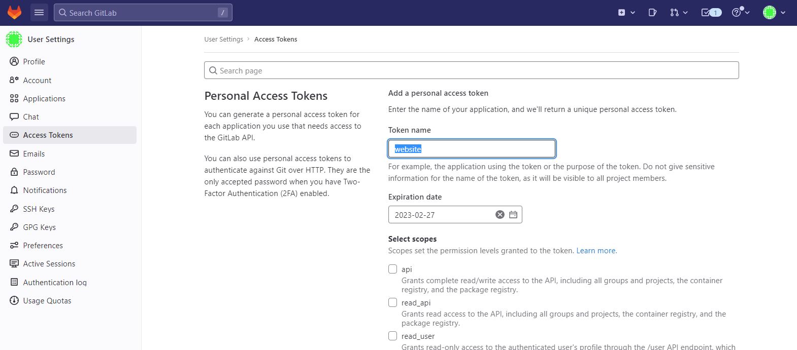 Git Access Token Creation