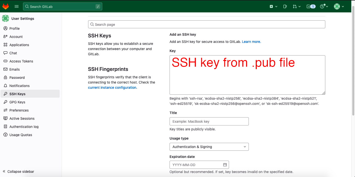 Screenshot of the Gitlab interface to add an SSH key