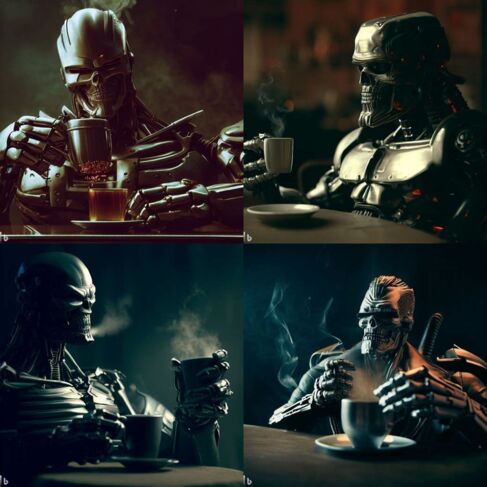 AI-generated Terminators drinking tea