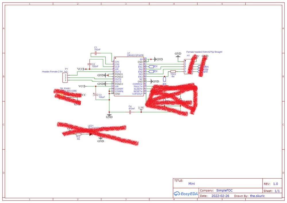 Some parts of the SimpleFOC Mini schematic are crossed out