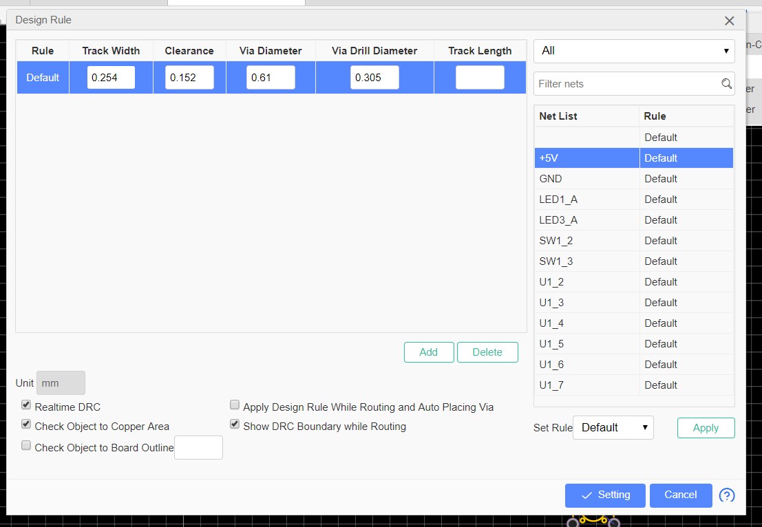 Design rules Dialogbox