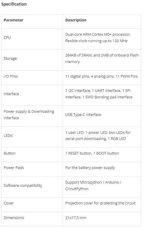 Specification of XIAO RP2040