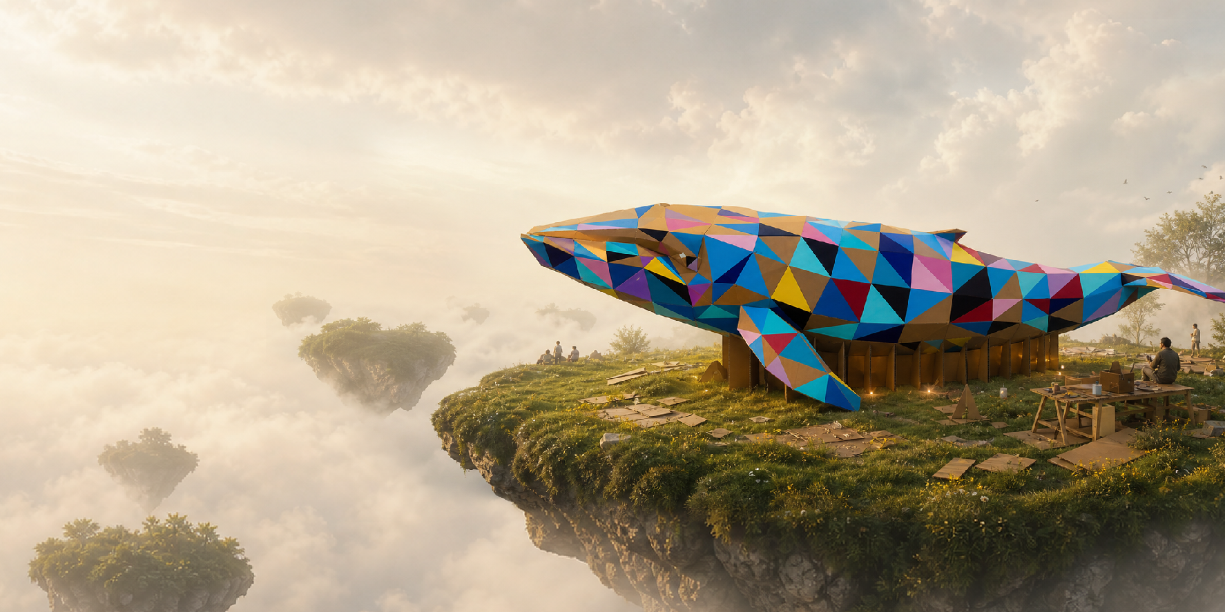 Colourful low-poly cardboard whale sculpture with makers on a floating grassy island