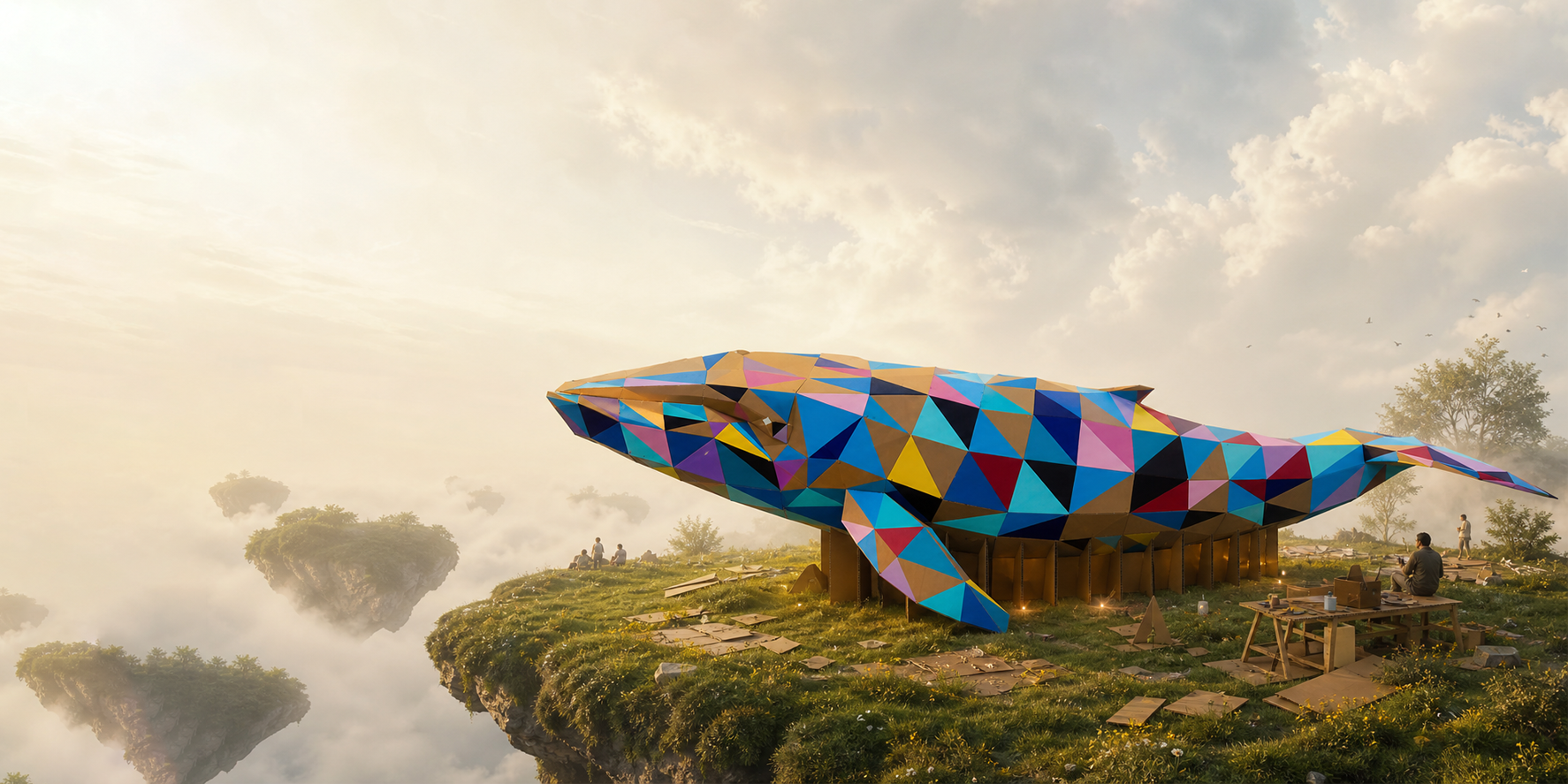 Colourful low-poly cardboard whale sculpture with makers on a floating grassy island