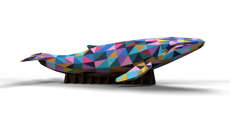 Colourful low-poly cardboard whale sculpture