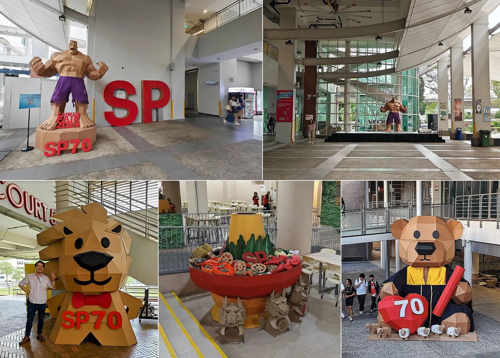 Collage of earlier Singapore Polytechnic cardboard bear installations