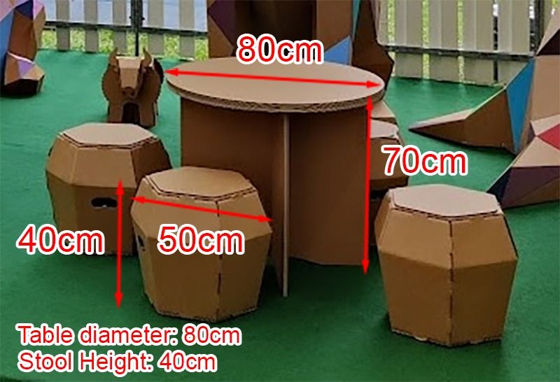 Dimensioned cardboard table and stool prototypes marked 80, 70, 50, and 40 centimetres