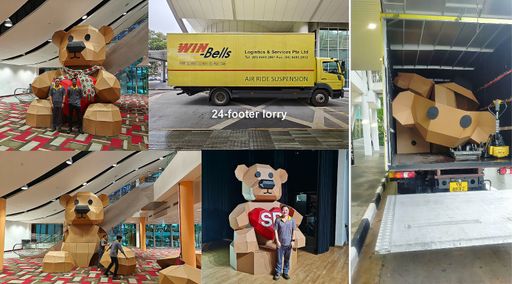 Reference collage showing previous large cardboard bears being packed and transported