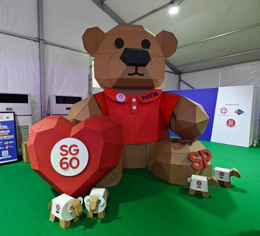 Completed SG60 cardboard bear displayed with a large red heart
