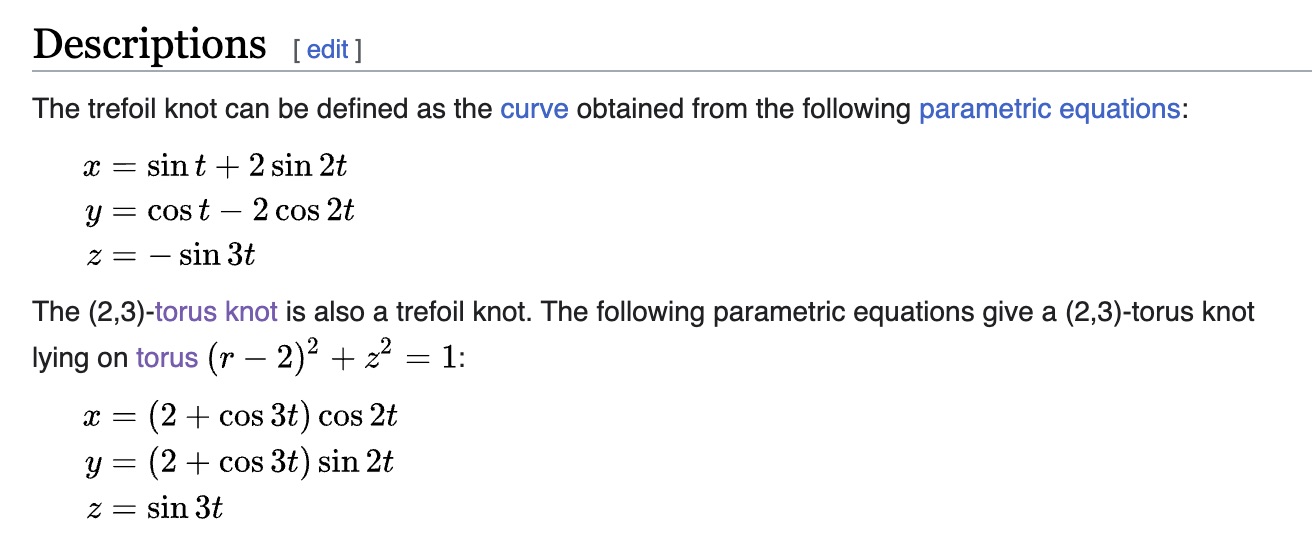 screen wikipedia trefoil knot parametric equations