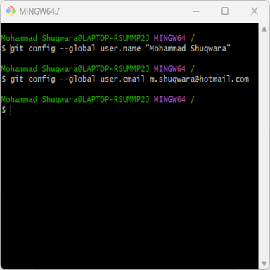 Git Bash with username & email