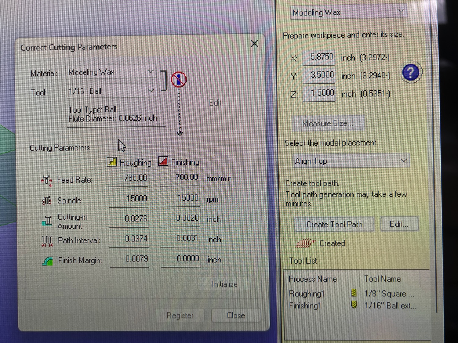 SRP settings for finish pass