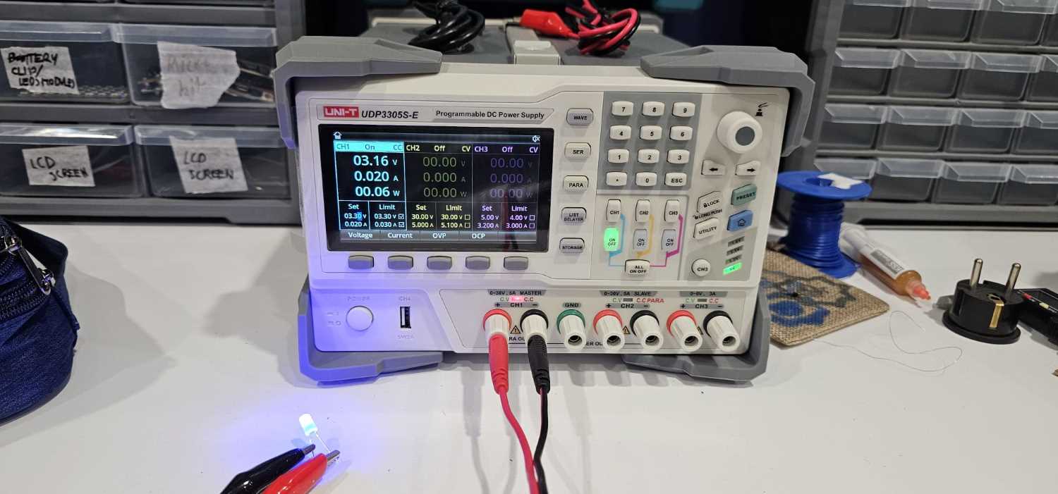 A picture of the device connected to the power supply