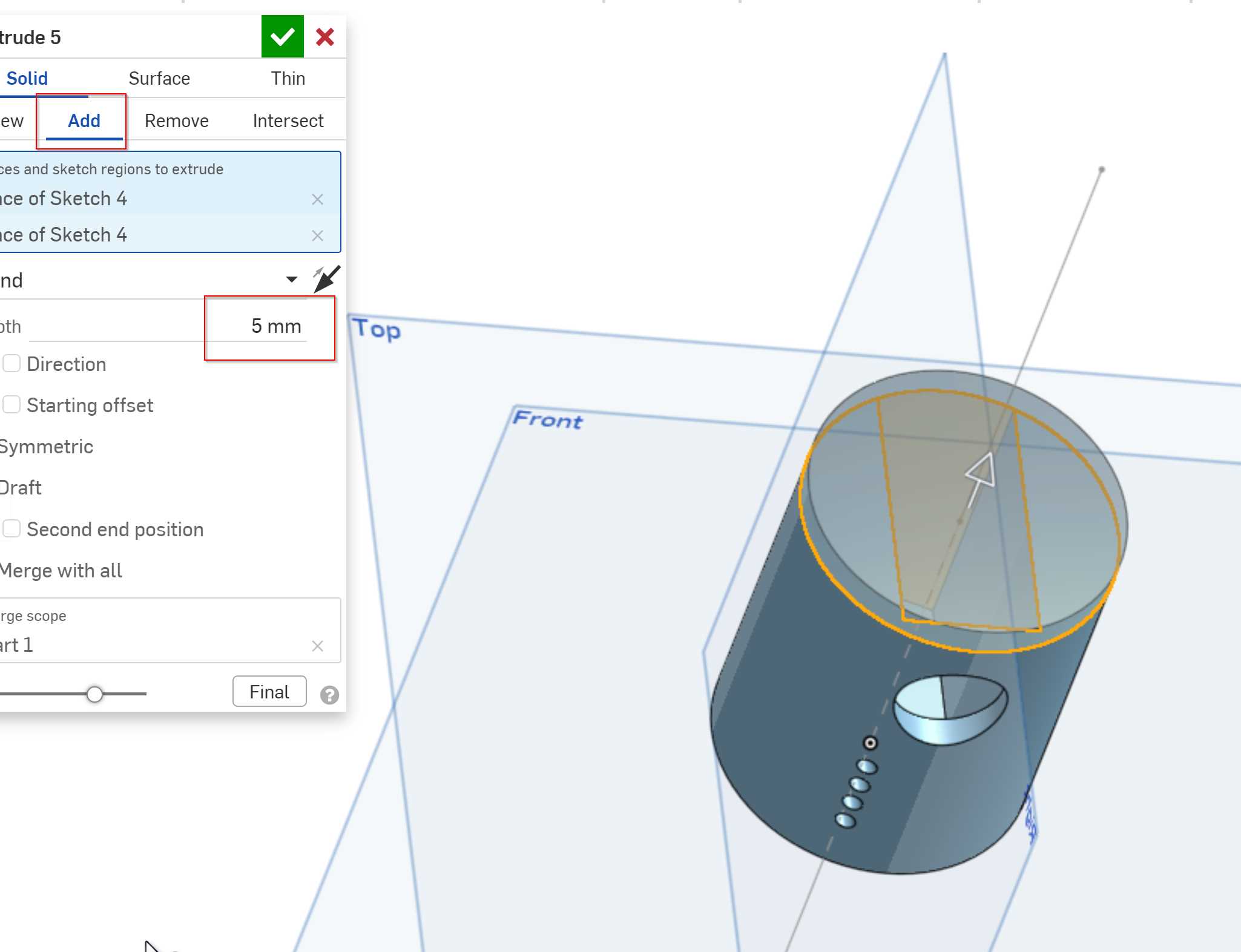 Sensor top sketch extruded