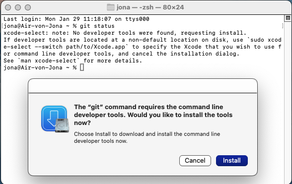 pop up window asking to install git. 2 buttons to choose between cancel and install.