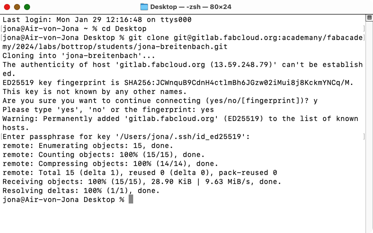 Terminal output of cloning the repository.