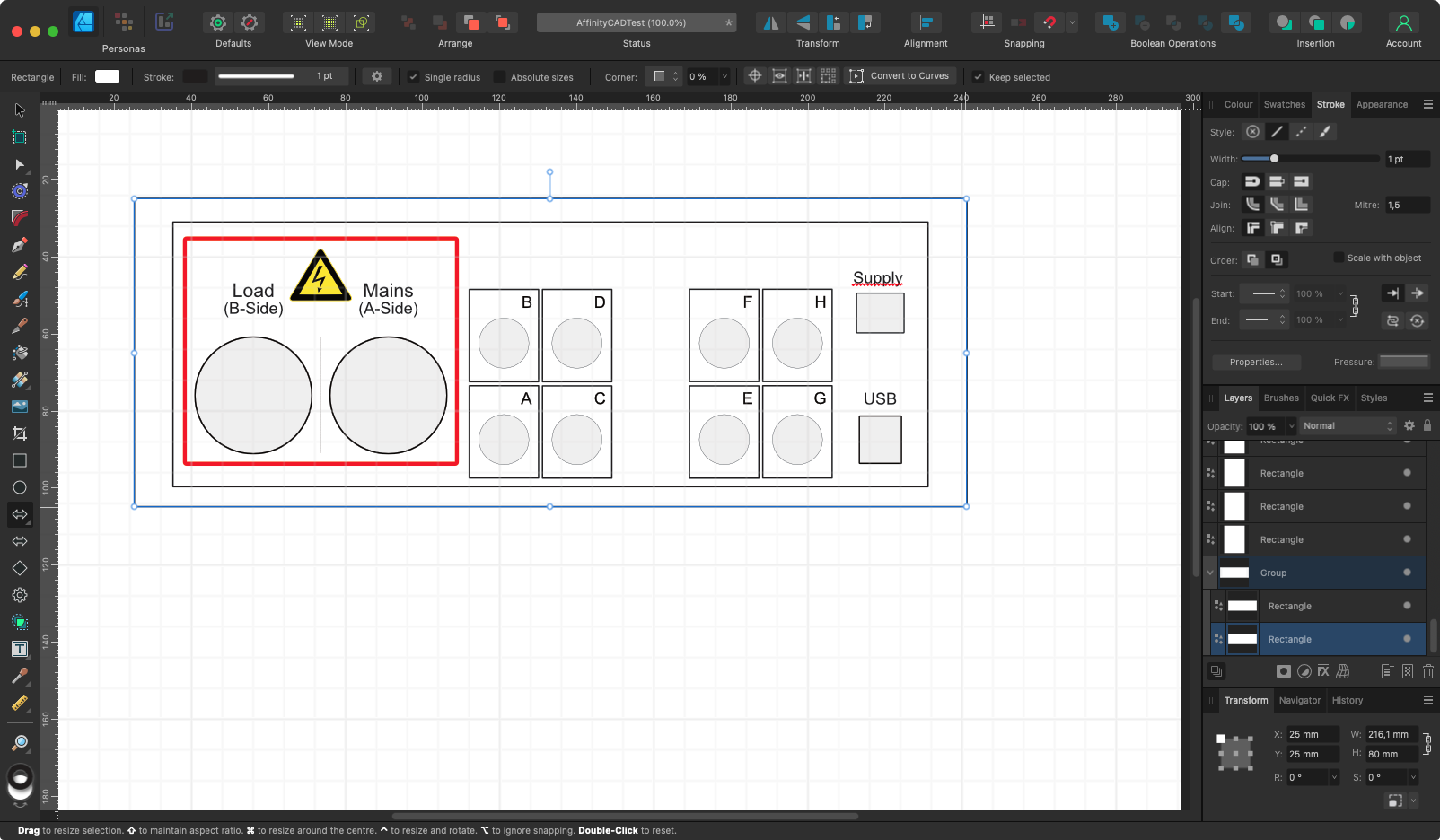 Affinity Designer with a measurement device front panel opened.