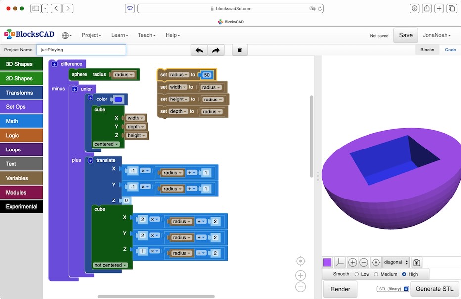 A test part in BlocksCAD, with the tree structure of the source at the left, and a rendering of the model at the right, showing the bottom half of a ball with a cube cut from its center.