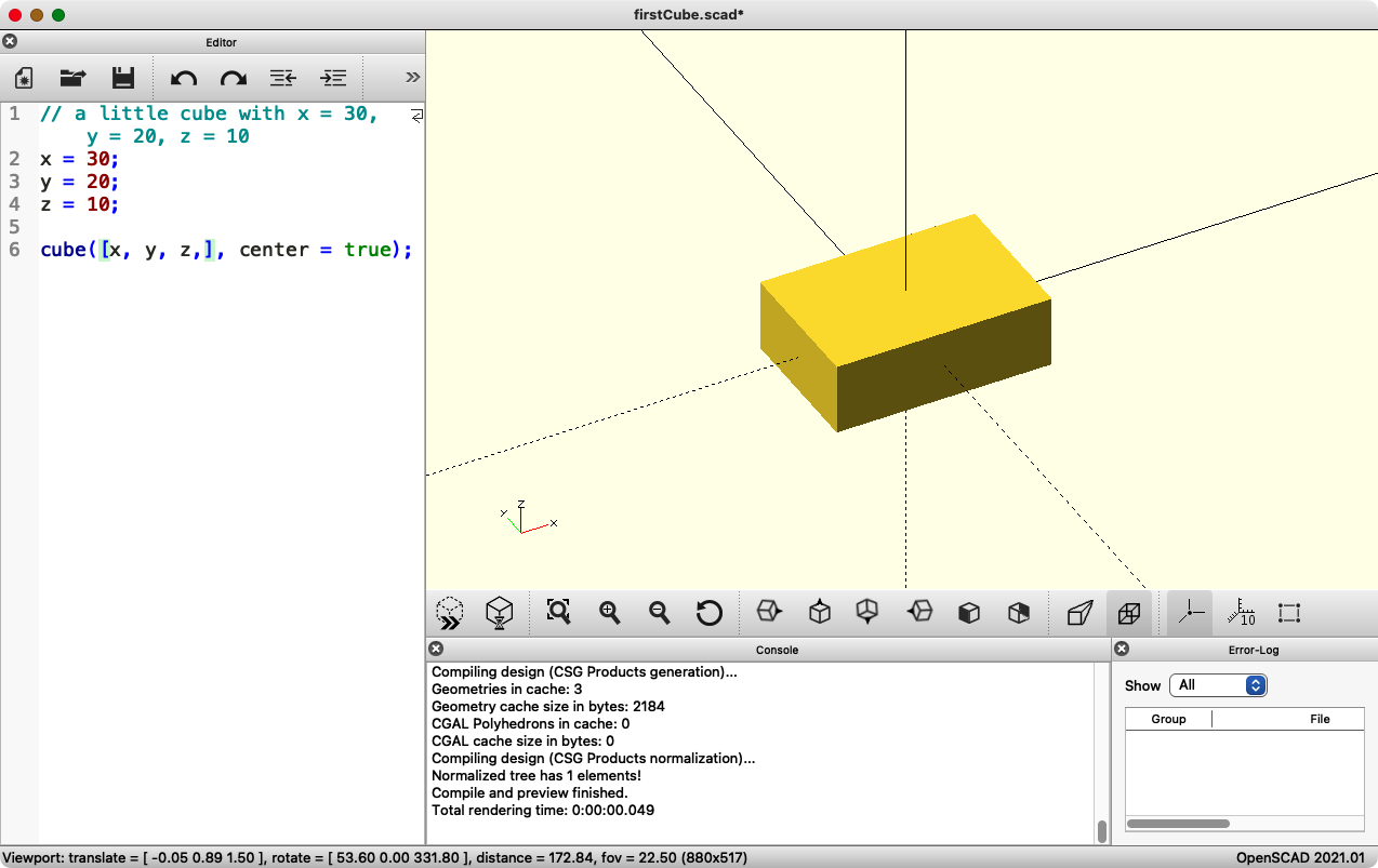 OpenSCAD's user interface with a simple cube example. The left part of the window shows the source code, the right part shows a rendering of the model.