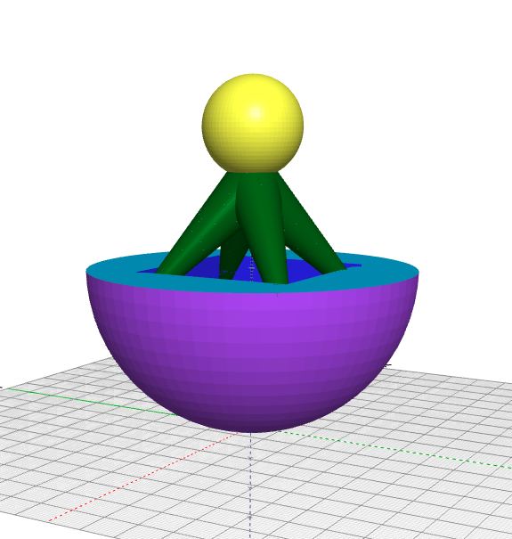 Screenshot of a somewhat more complex model, adding a ball on four legs to the half-ball.