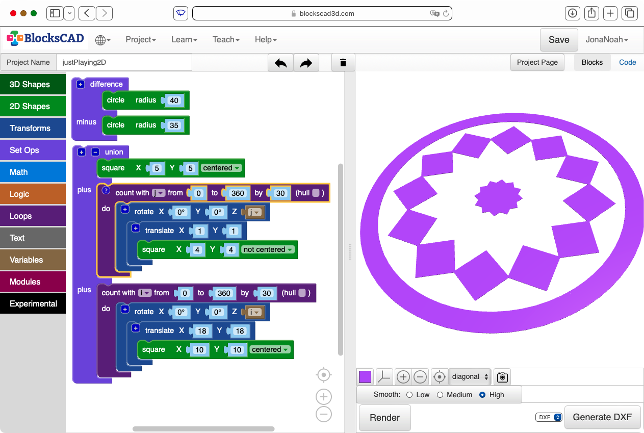 Screenshot of a 2D mosaic in BlocksCAD.