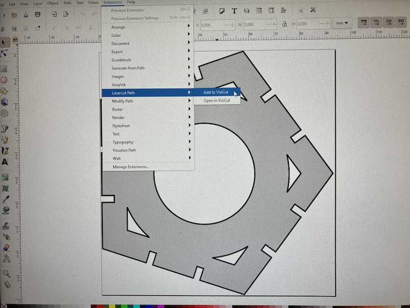 Screenshot of Inkscape while exporting a pentagon piece to Visicut