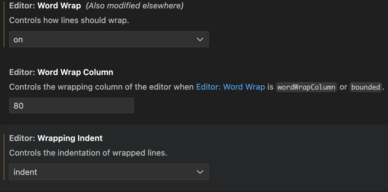 word wrap settings in visual studio code