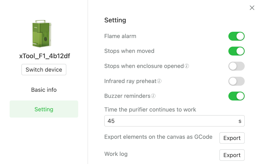 xcs air purifier settings