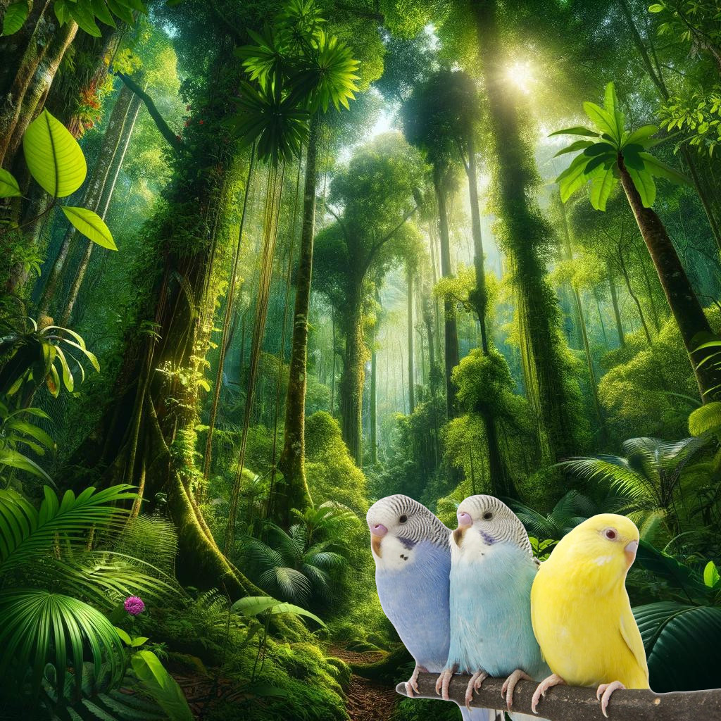 Final image with parakeets inside a rainforest