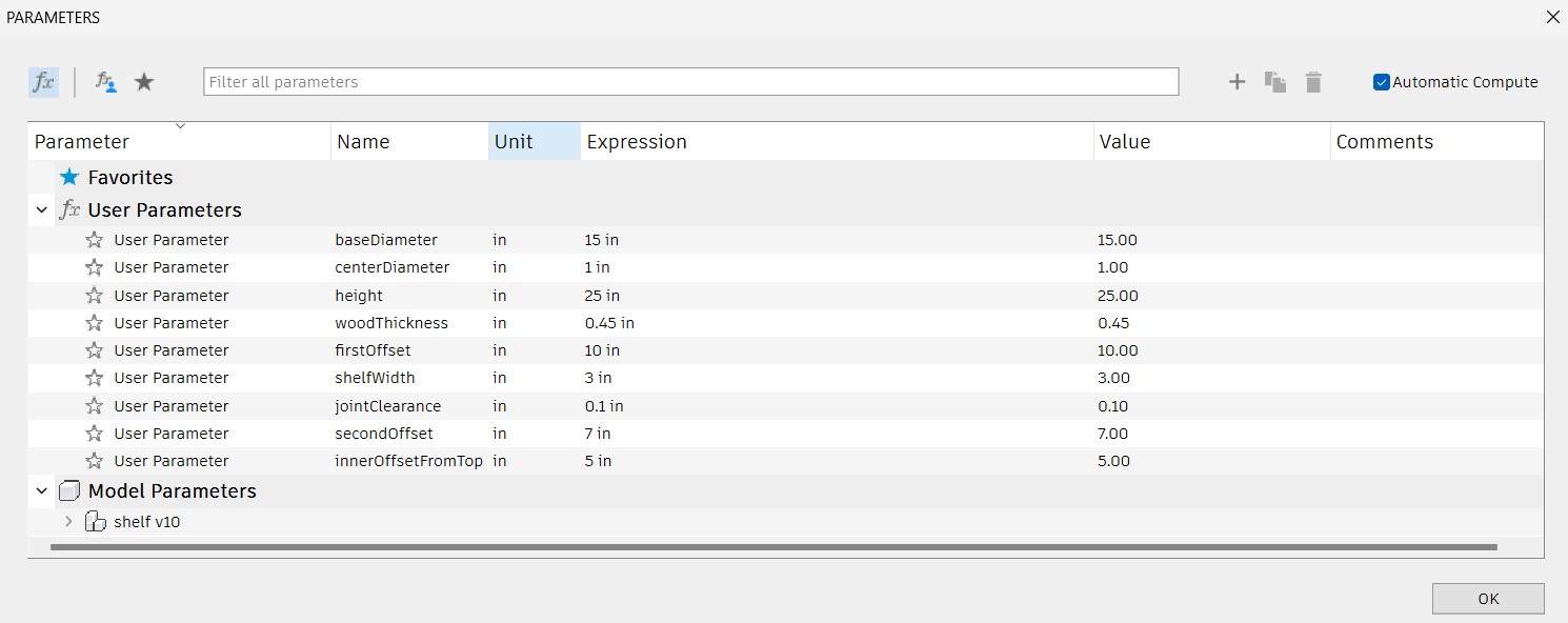 Shelf design parameters in Fusion