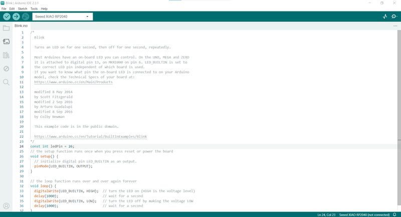 Printscreen of code for the blinking of the LED light with Arduino.