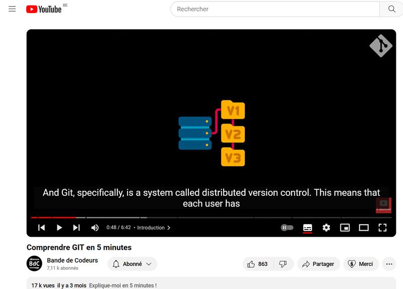 Printscreen of the Bande de Codeur's Youtube 5min Git video