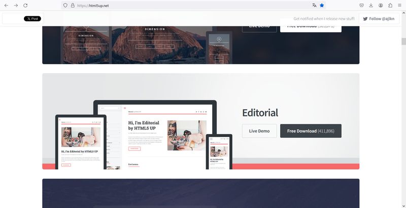Html5Up page showing the free template named Editorial.