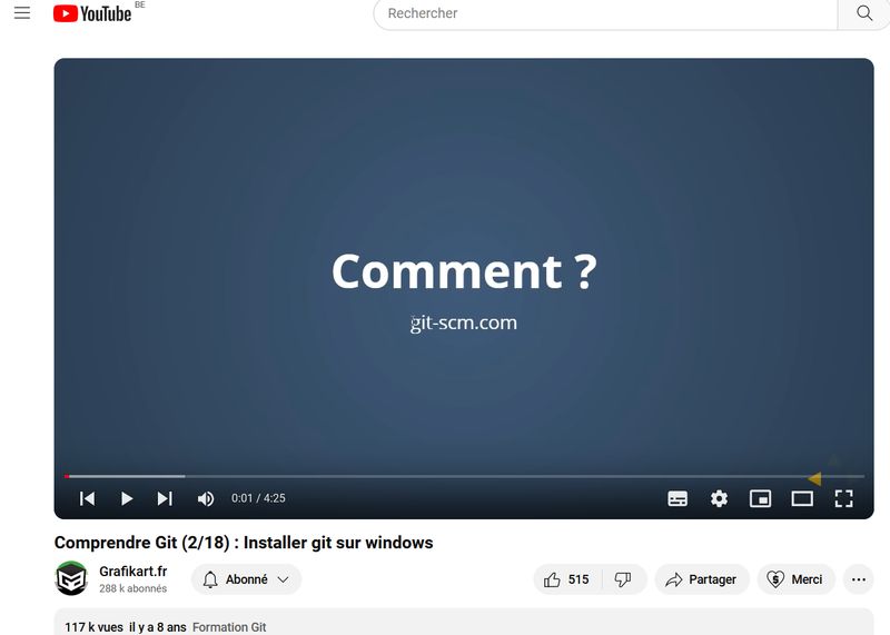 Printscreen of the Grafikart's Youtube how-to install Git video