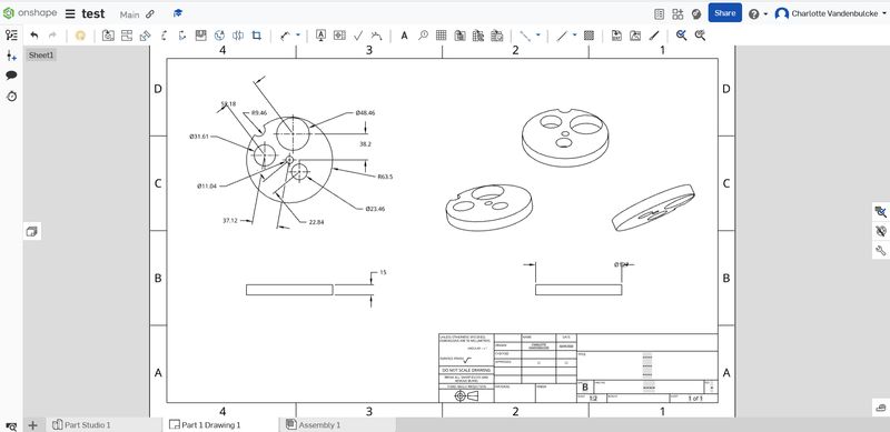 Printscreen of the 3D object drawing sheet with size informations created on Onshape.