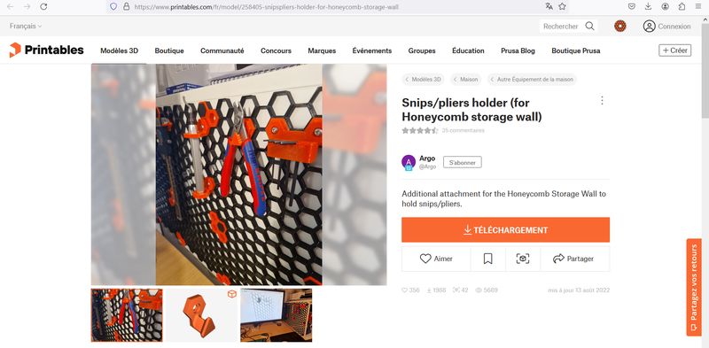 Page on Printables website where you can download the honeycomb structured wall storage for tools