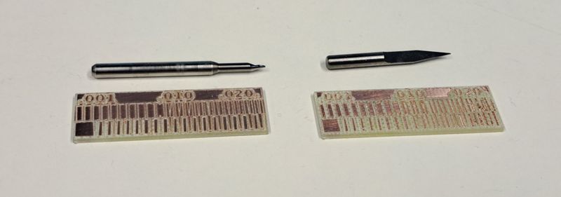 Picture of 2 PCB engraved by 2 different types of tips.