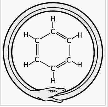 Kekulé's benzene ring in modern form, and the alchemical ouroboros symbol of a snake eating its tail