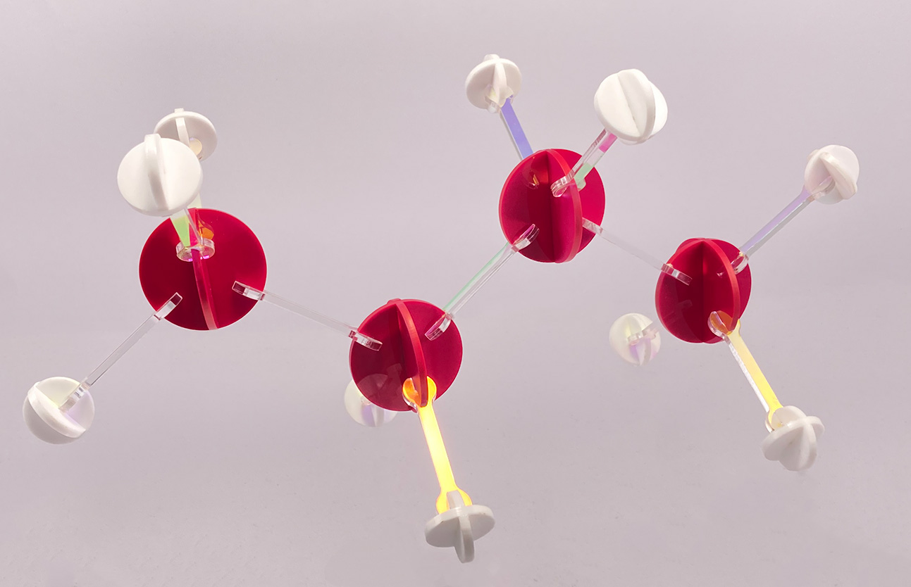 A laser cut molecule kit built as a butane molecule