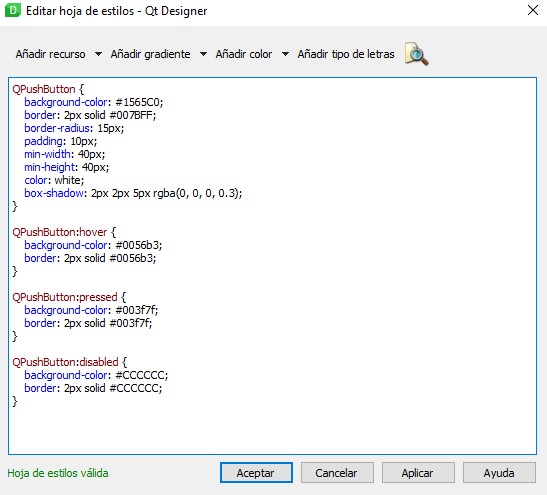 QtDesigner Edit Style Sheet