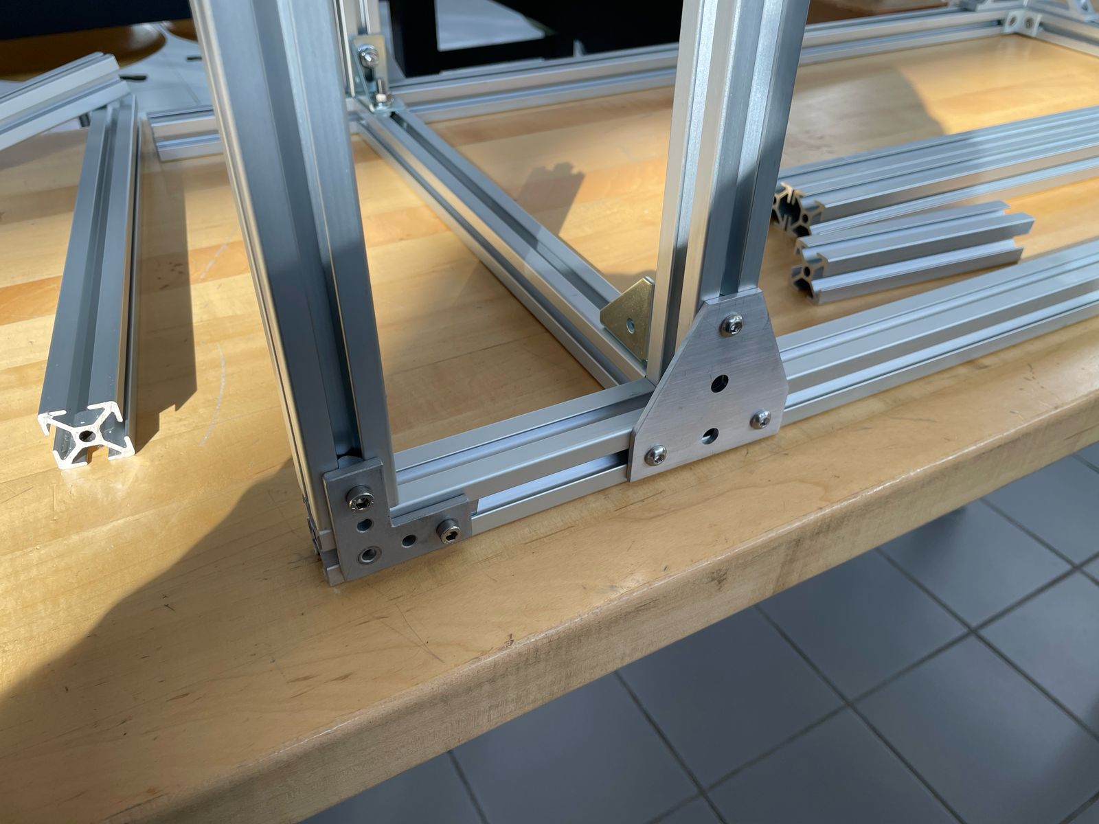 Close-up of corner joint with bracket