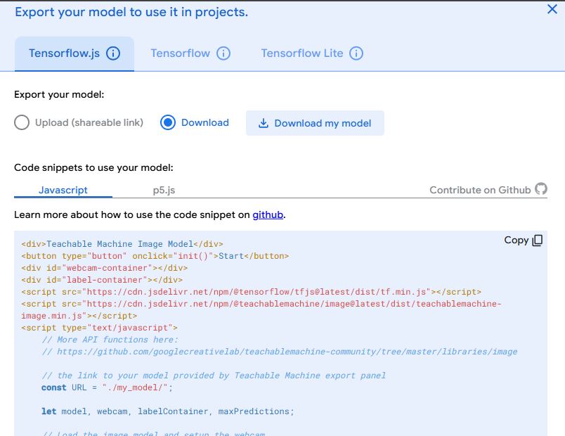 Export options from Teachable Machine showing download of TensorFlow.js