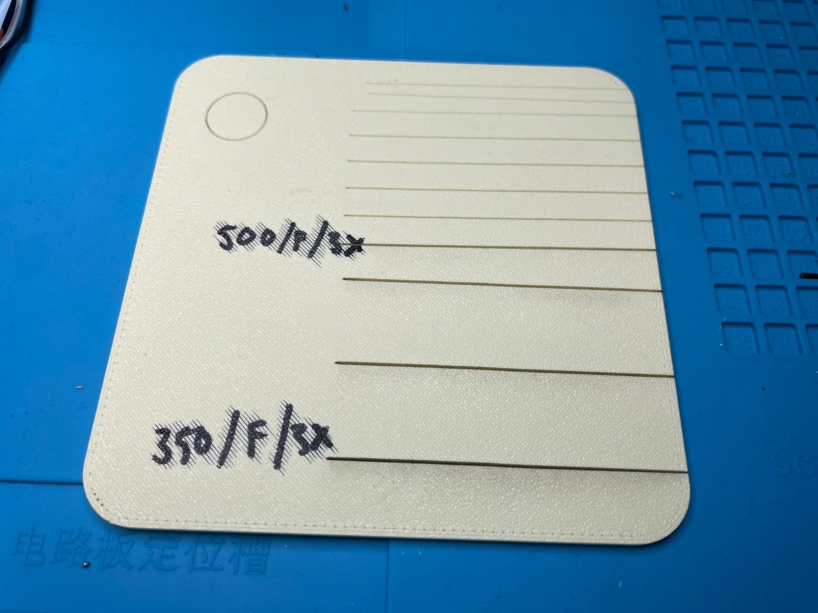 Freshly cut and scored PLA plate