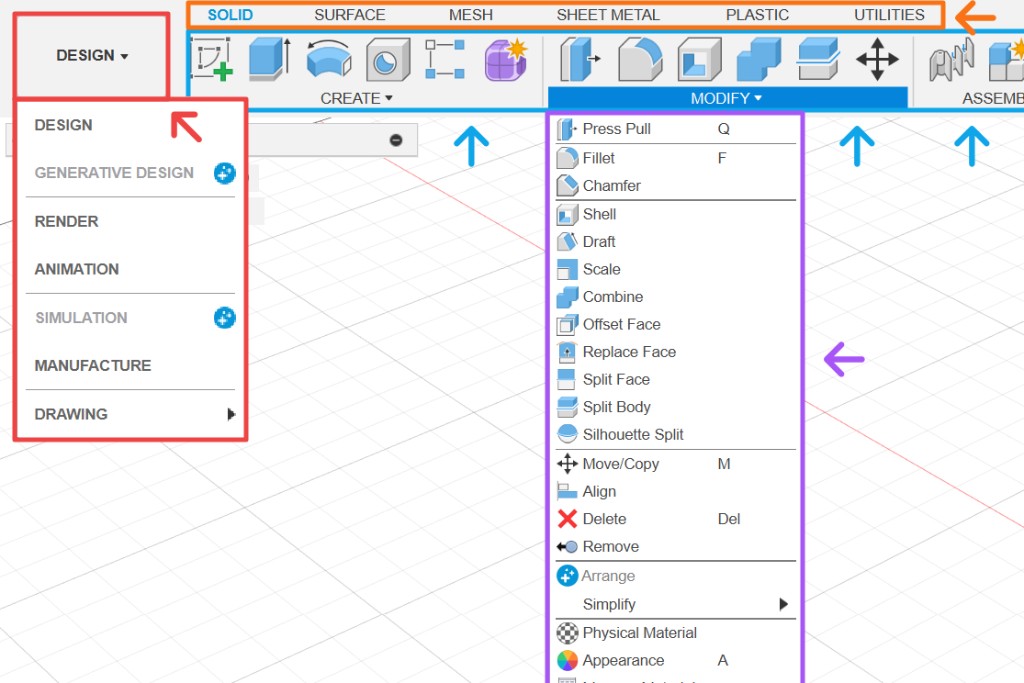 Fusion 360 workspaces